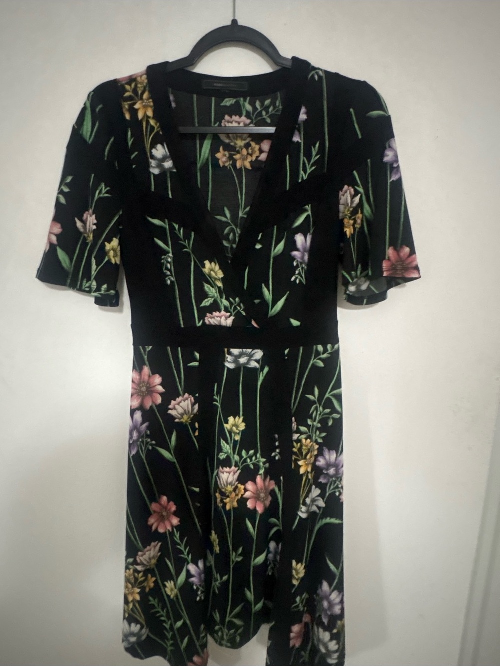 BCBGMaxAzria Black Floral V-Neck Fit-and-Flare Dress